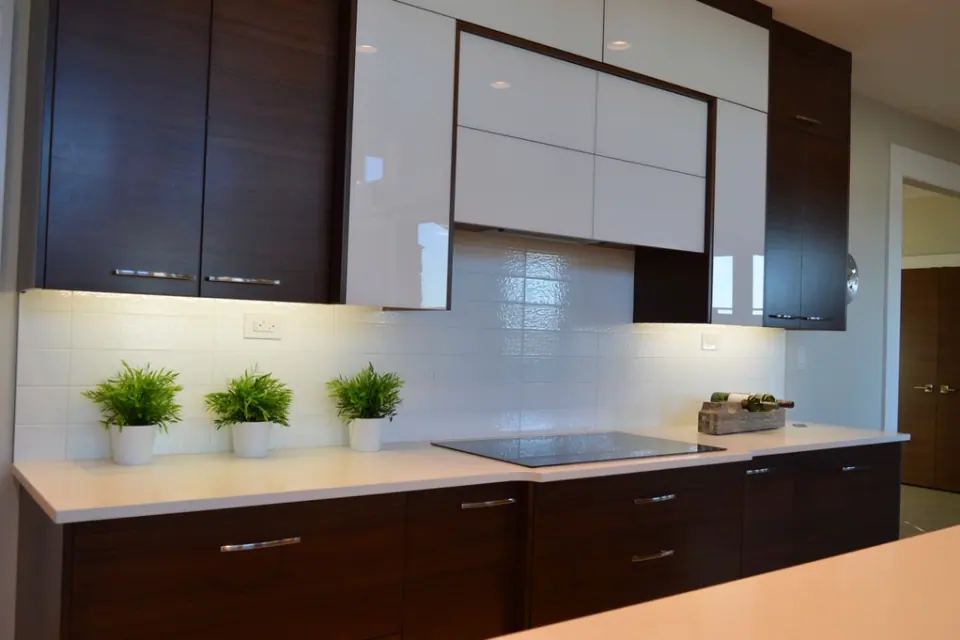 A dark timber kitchen with pale upper cabinets and an induction hob